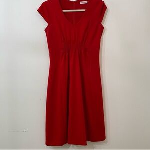 Calvin Klein Classic Red V-Neck Sheath Dress, Short Sleeve, Gathered Waist| 2